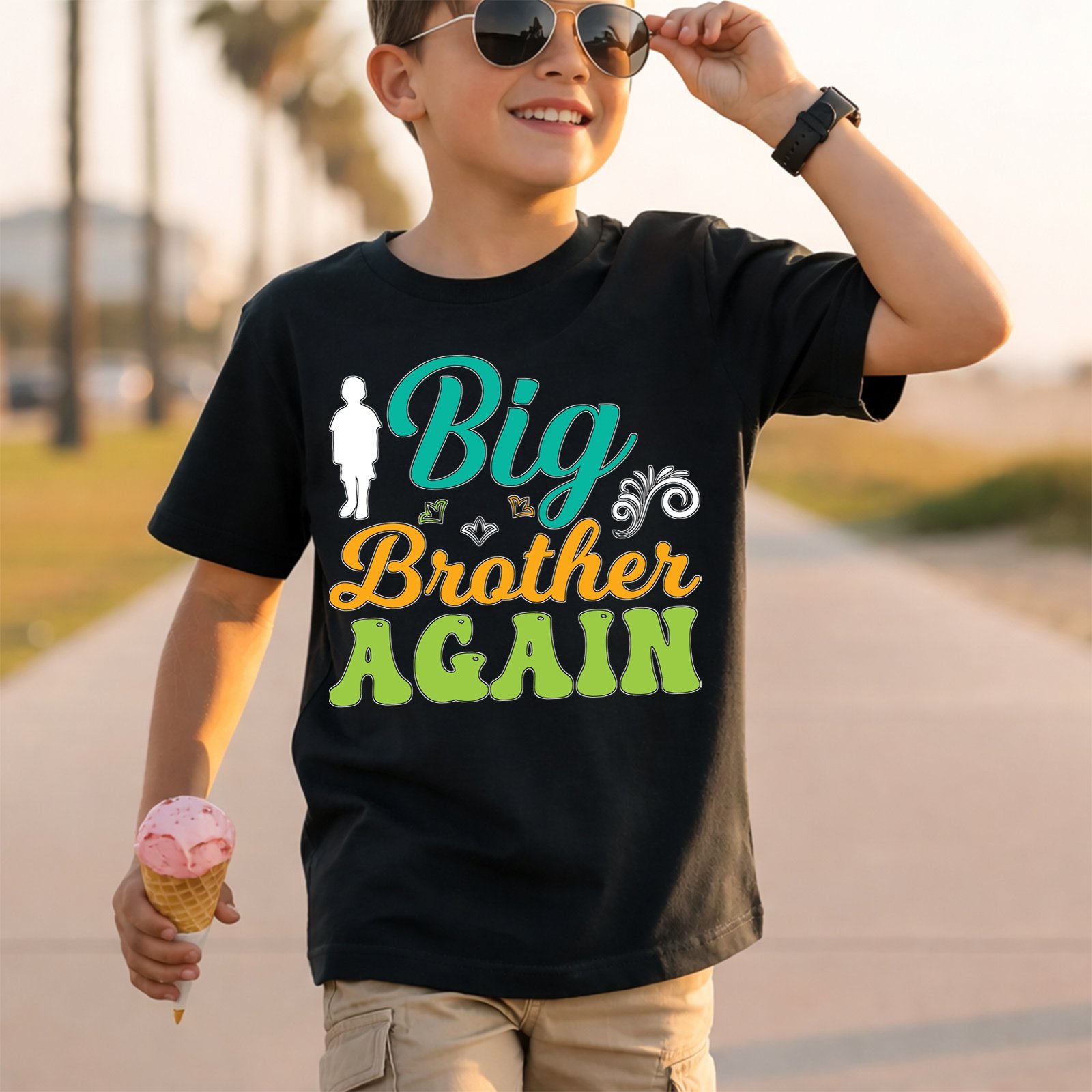 Big Brother Again Teal Script And Green Block Lettering T-Shirt