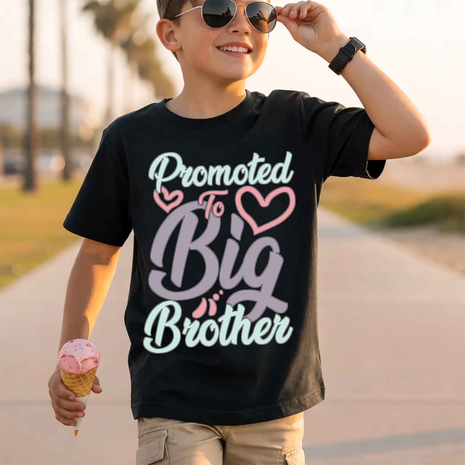 Promoted to Big Brother Script Lettering And Outlined Hearts T-Shirt