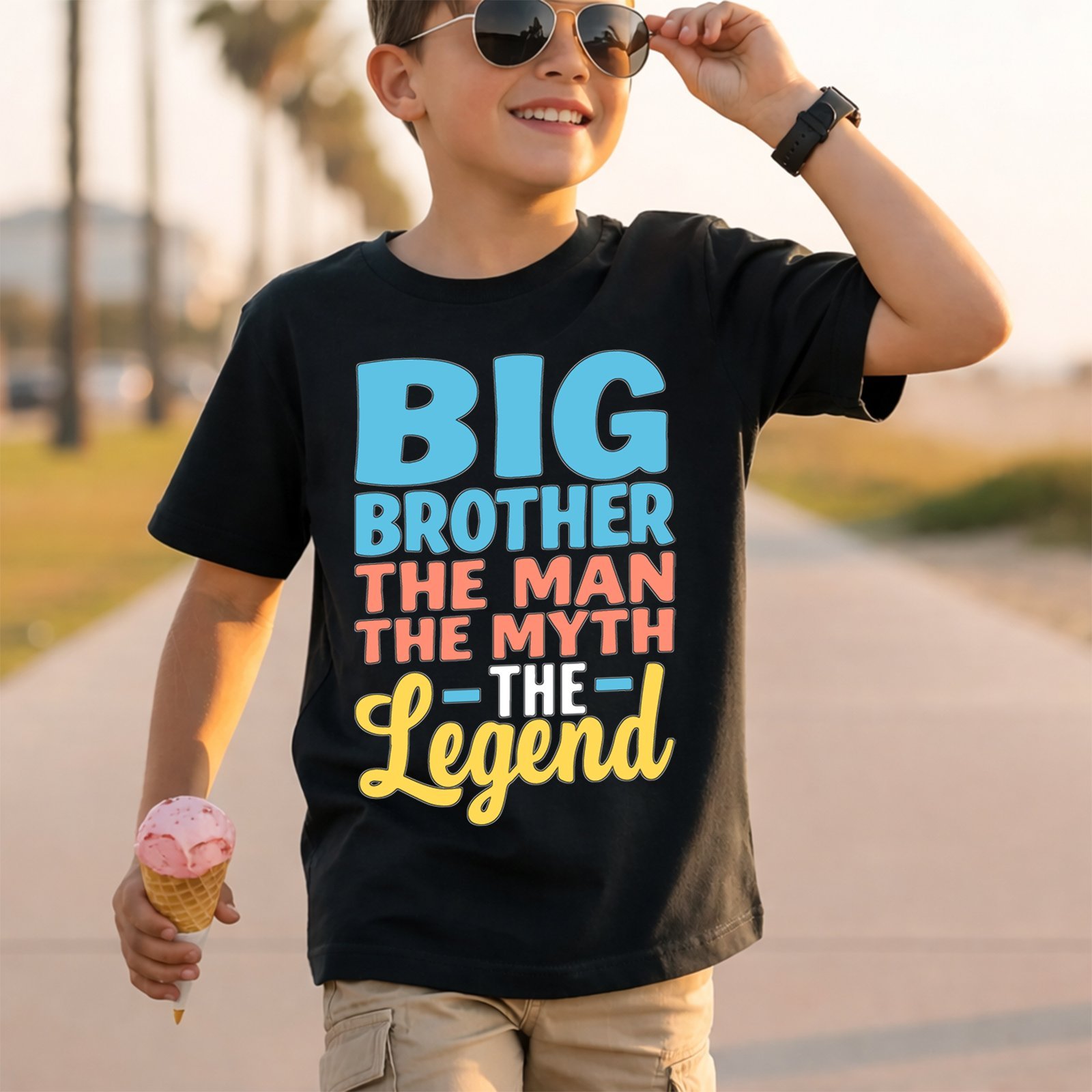 Big Brother The Man The Myth The Legend Blue And Coral Stacked Letters T-Shirt