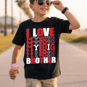 I Love My Big Brother Repeating Red And White Stacked Outline Typography T-Shirt