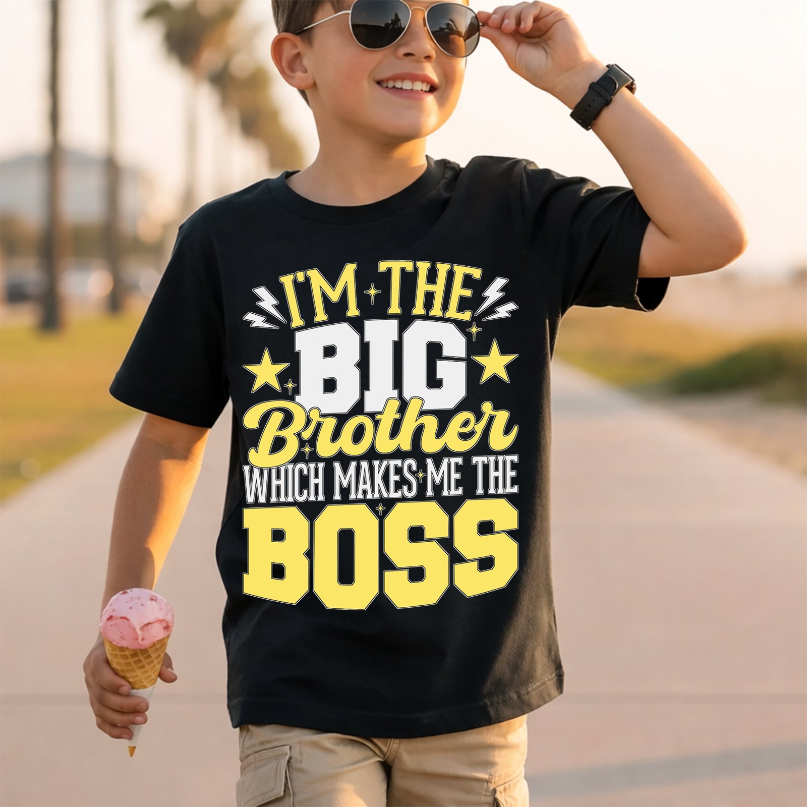 I'm the Big Brother Which Makes Me the Boss White And Yellow Lettering T-Shirt