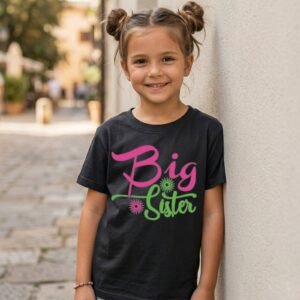 Big Sister Pink And Green Flowing Script T-Shirt