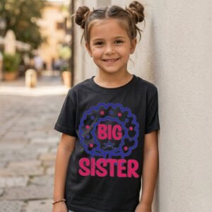 Big Sister Blue Circular Floral Badge And Pink Lettering T-Shirt