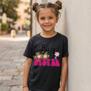 Big Sister Pink Flowers And Patterned Pink Block Letters T-Shirt
