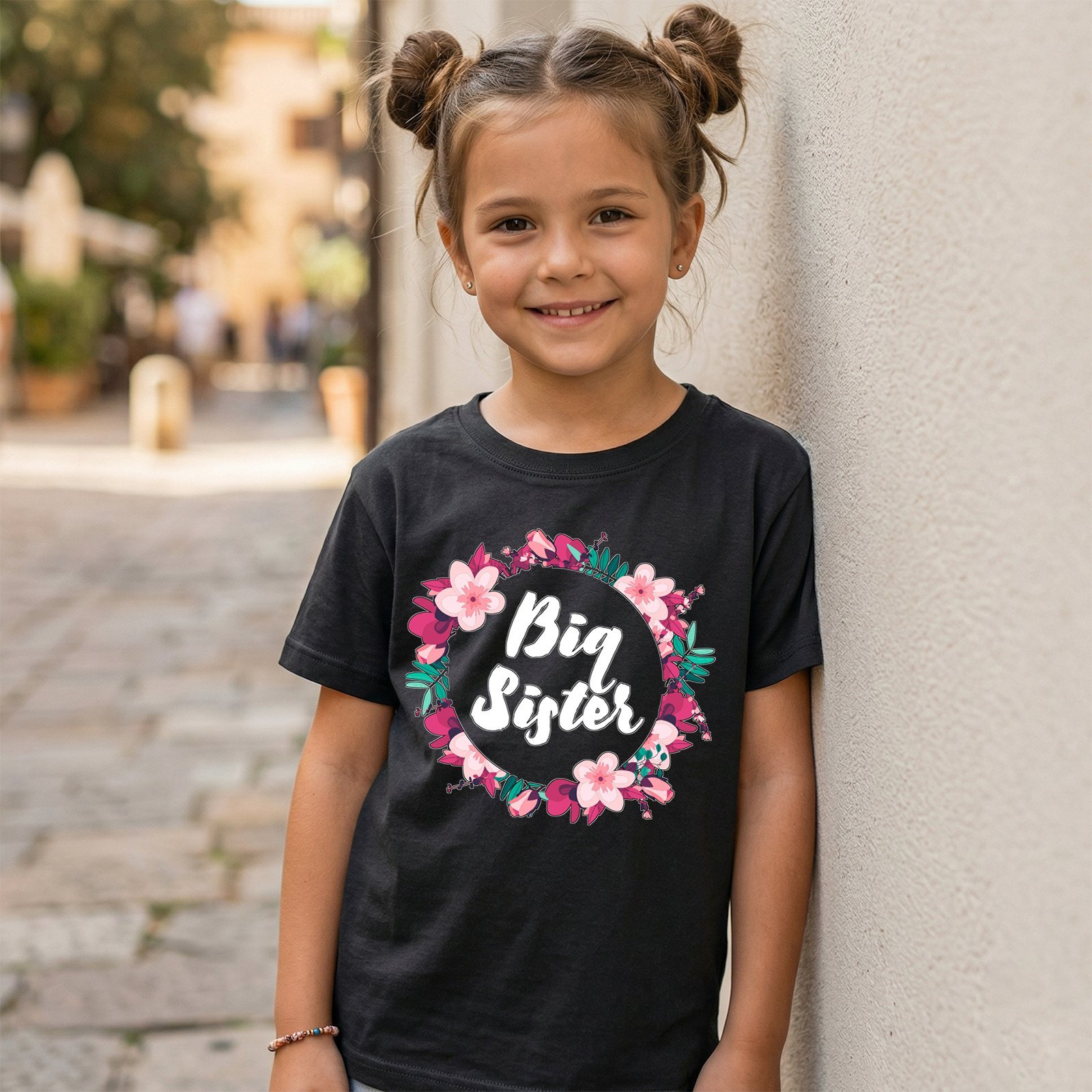 Big Sister Pink Floral Wreath T-Shirt
