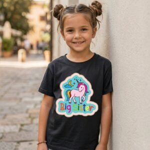 Big Sister Pink Unicorn On A Turquoise Badge T-Shirt