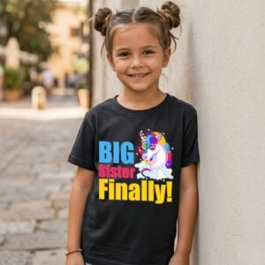 Big Sister Finally Rainbow Unicorn Head Above Clouds T-Shirt