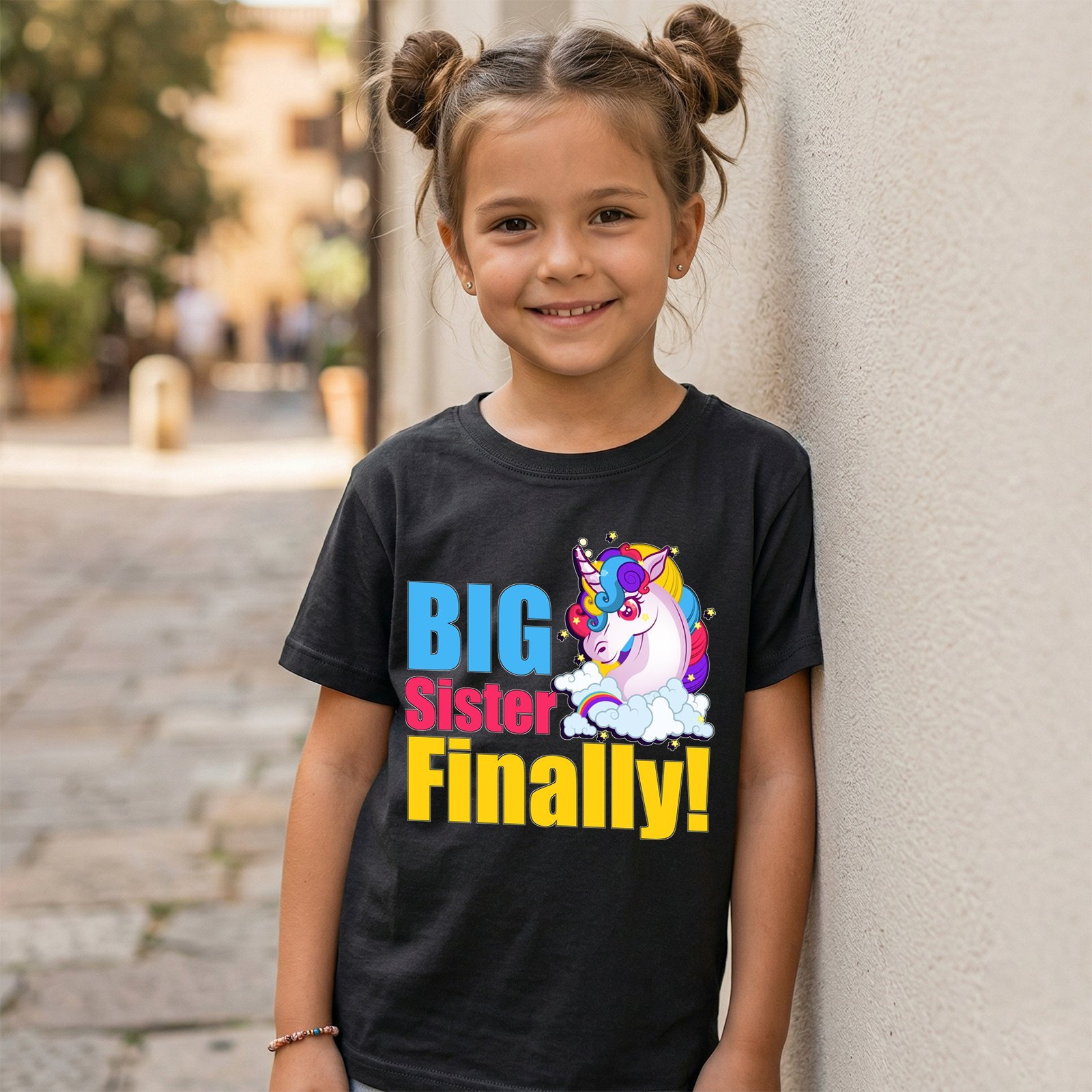 Big Sister Finally Rainbow Unicorn Head Above Clouds T-Shirt